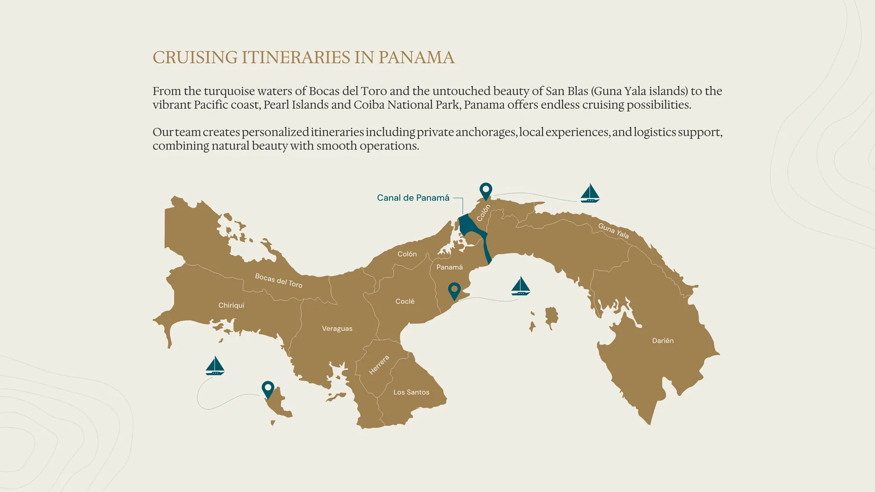 Cruising itineraries map of Panama showing Bocas del Toro, Panama Canal, Guna Yala and Pacific destinations