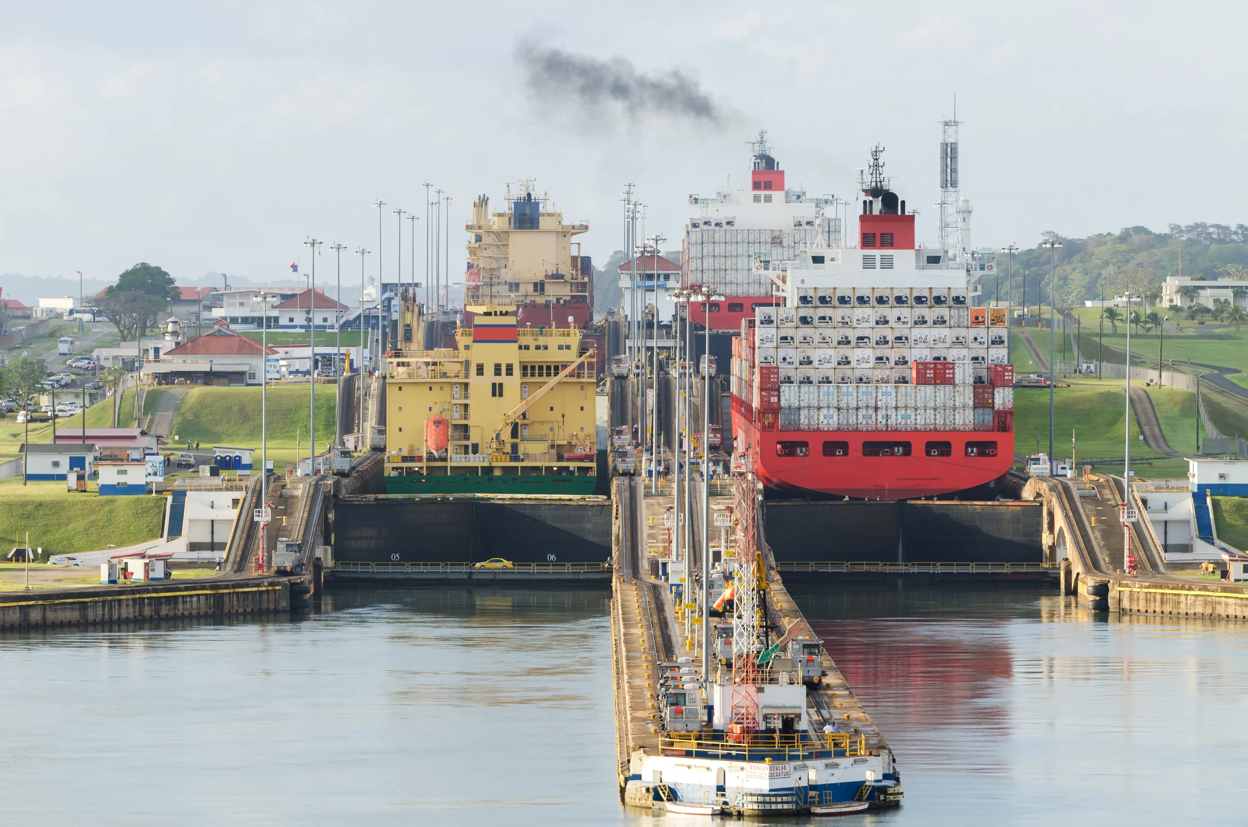 Cargo ships in Panama canal locks